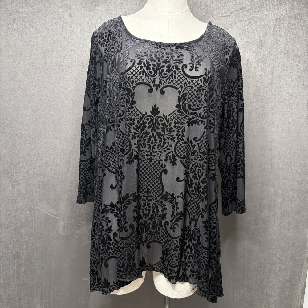 Vtg Y2K Tunic Top Womens M Black Velvet Burnout Sheer Damask Witchy Whimsigoth